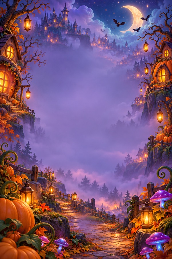 A moonlit Halloween landscape with glowing pumpkins.