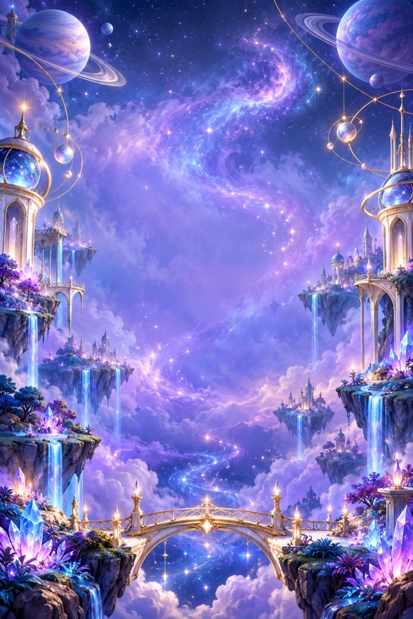 Violet floating islands and observatories beneath distant planets.
